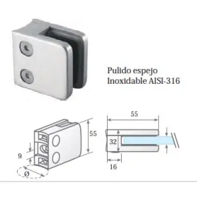 Clip prensacristal cuadrado 55X55X32 mm