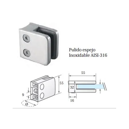 Clip prensacristal cuadrado 55X55X32 mm