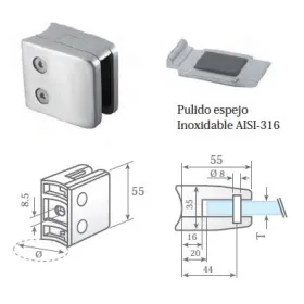 Clip prensacristal cuadrado 55X55X35 mm