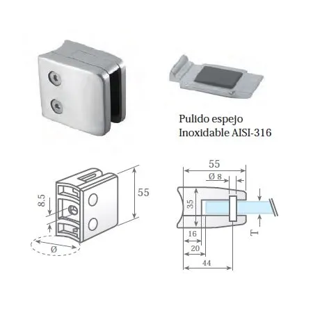 Clip prensacristal cuadrado 55X55X35 mm