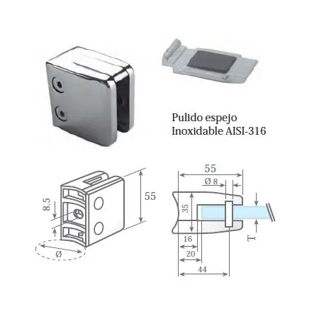Clip prensacristal cuadrado 55X55X35 mm