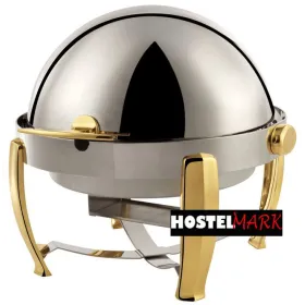 Chafing dish redondo con tapa roll top y pies dorados